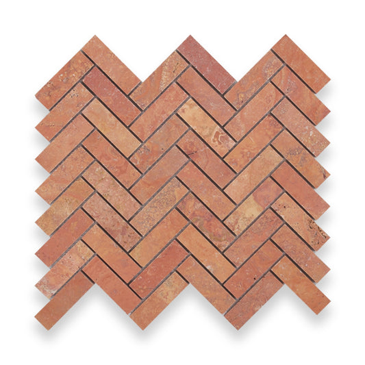 Antiqued Herringbone Rosa Travertine 20x64mm